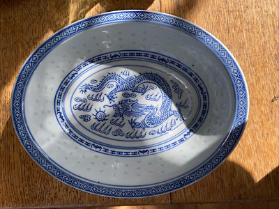 Vintage TIENSHAN Reisaugenkorn 5 Krallen Drachenmuster blau oval Servierschüssel 10''