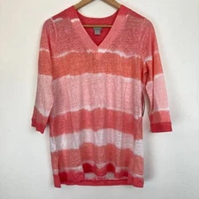 Chicos Linen Tie-Dye Striped Tunic 0/SM Calypso Coral 3/4 Sleeve Knit