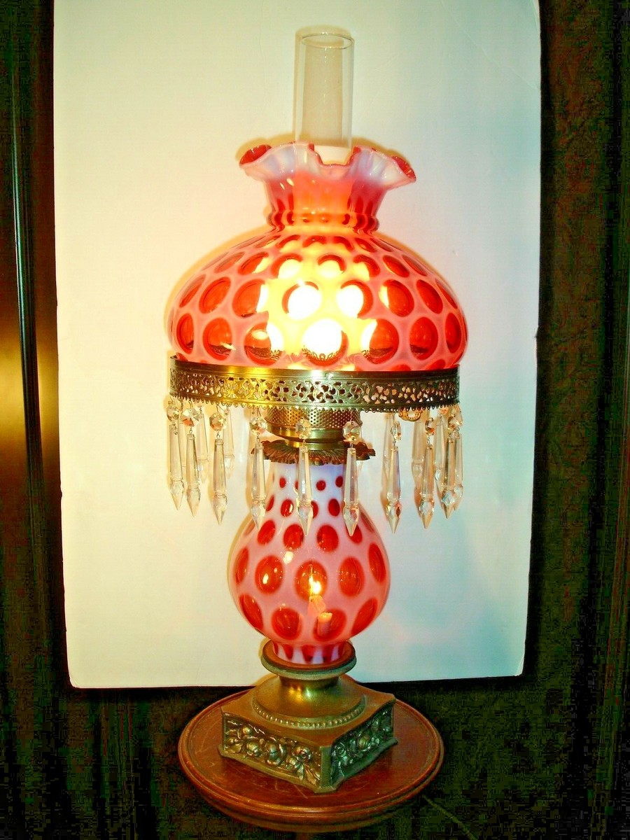 FENTON OLD & RARE CRANBERRY COIN DOT OPALESCENT LAMP GWTW STYLE