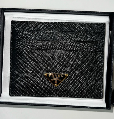 Prada Saffiano Leather Triangle Logo Card Holder Black Gold 1MC025-QHH-F0002