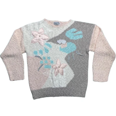 Vintage 80's Blumenmuster Pullover L/XL 14 16 18 Pastellrosa Grau Bequem Hütte - Bild 1 von 3