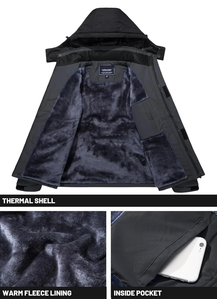 Men's Waterproof Ski Jacket Winter Warm Jackets Snow Thermal Fleece Work Coat US - Image 3 of 4