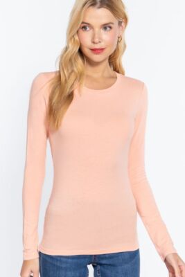 Crew Round Neck Long Sleeve T-Shirt Soft Stretch Cotton Basic Plain Top Slim Fit