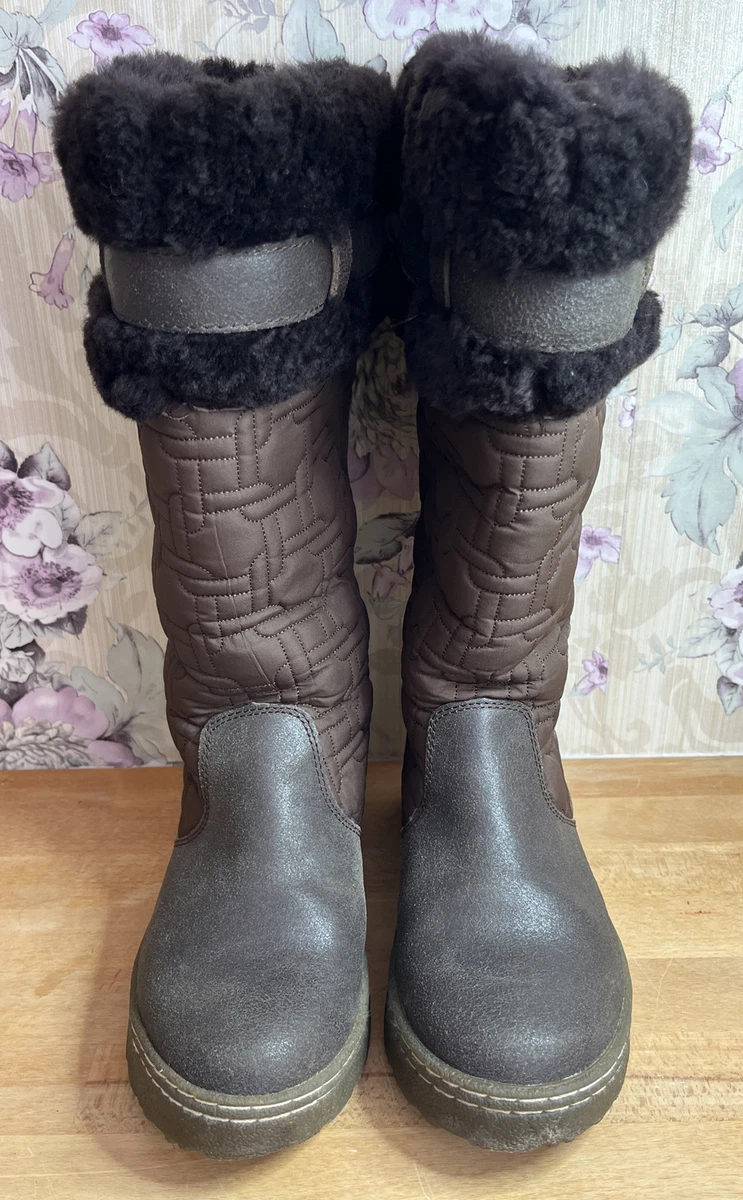 BEARPAW Boots Ladies Brown Leather Canvas Sheepskin UK Size 4 Good Condition