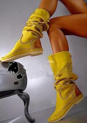 Faux Suede Womens Pull on Shoes Boots Modern Studs Mid Calf Riding Boots Cowboy