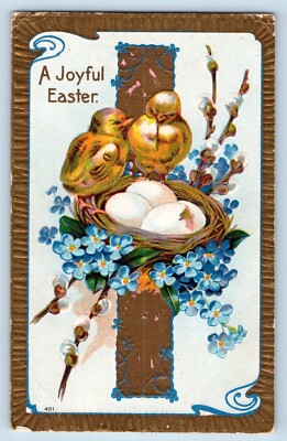Easter Postcard Holy Cross Hatched Eggs Nest Chick Flowers Embossed Pipe Berry