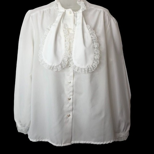 Vintage Rhapsody Womens White Lace Ruffled Blouse Long Sleeve XL Office 1980's - Picture 3 of 11