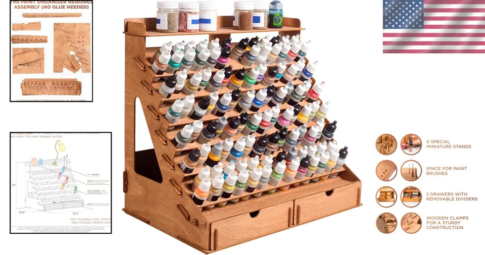 Wooden Paint Organizer for 105 Bottles & 14 Brushes - Miniature Holder Included - Image 2 of 4