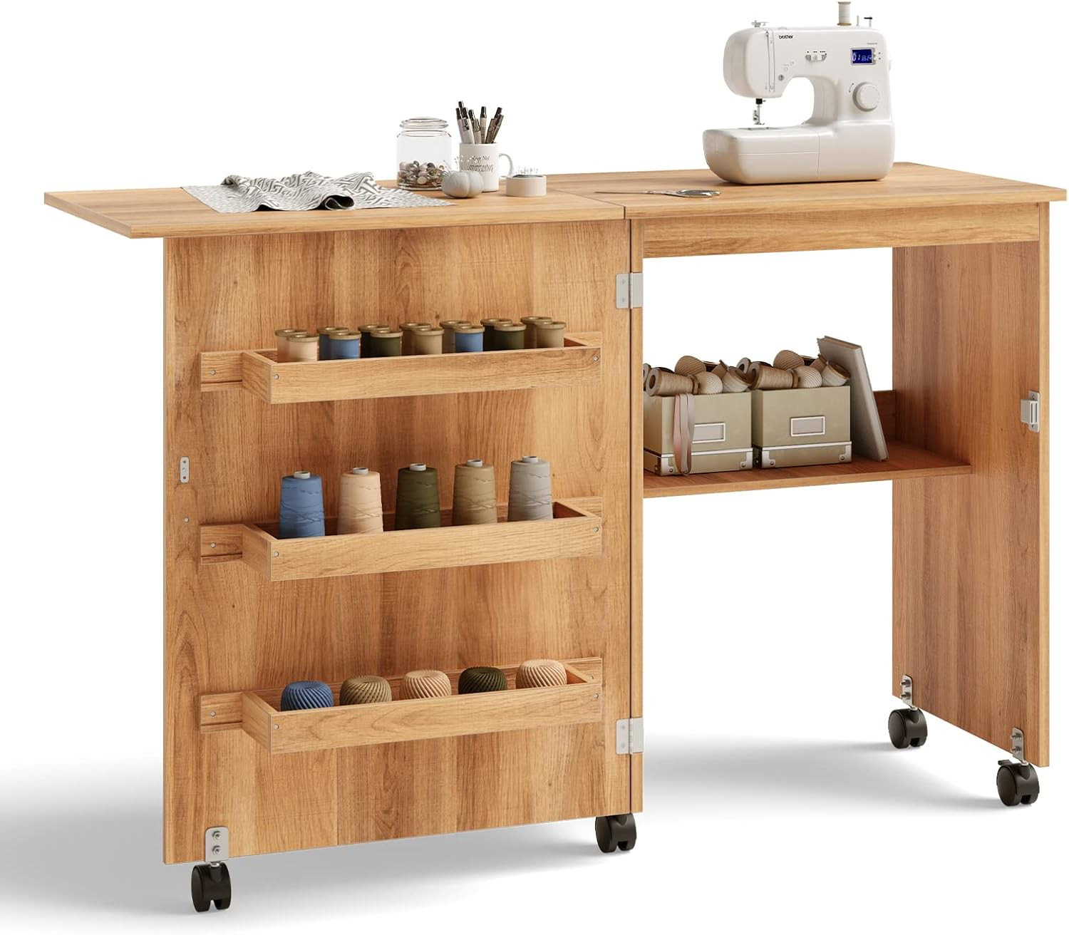 Folding Sewing Craft Table, Sewing Cabinet with 3 Storage Bins and Shelf, Rollin