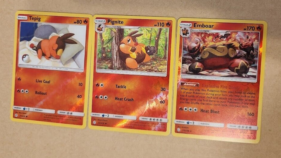 REVERSE HOLO Tepig+Pignite+Emboar Pokemon Cosmic Eclipse 33/236 Rare 3-CARD SET
