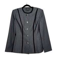 Sag Harbor Suit Womens Grey Herringbone Blazer Button Front Contrast Trim Size 8