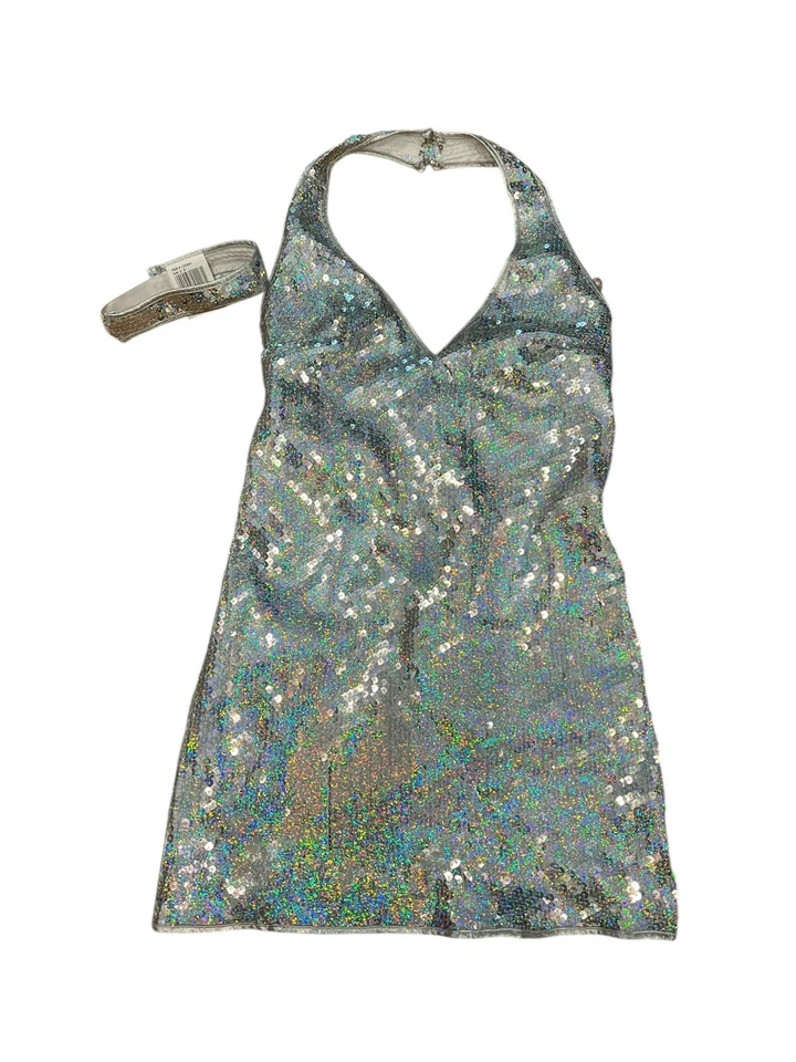 Divertido Mundo Disco BallDiva Mujer Lentejuelas Plateadas Disfraz Adulto S/M Foto 3 de 4