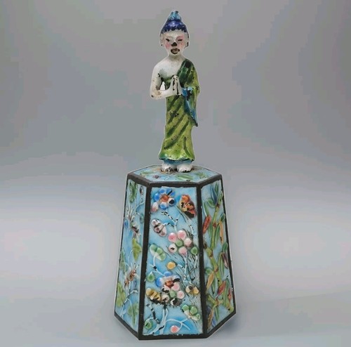 Chinese Cloisonne Enamel Silver Bell With Tibetan Monk Handle Antique 5.75" H - Picture 2 of 8