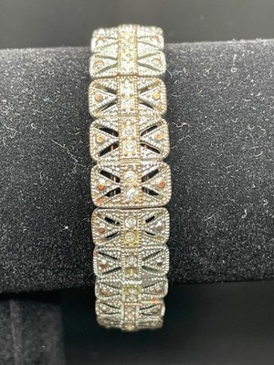 Vintage 90s Art Deco Style Bracelet Rhinestones Antique Look Cuff & Stretch 