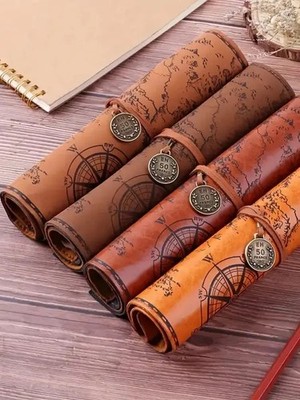 Vintage Treasure Map Roll Up Pencil Case PU Leather Pen Pouch Brush Holder