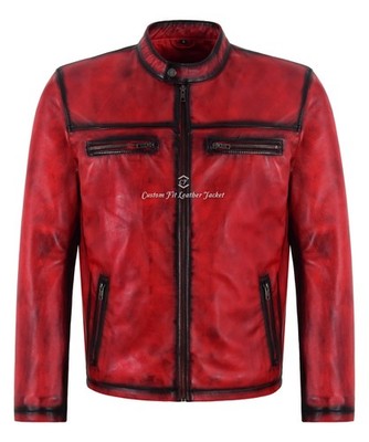 Herren Racer Lederjacke klassisch Biker Style Vintage rot gewachst Lederjacke