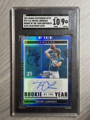 2021 Optic Contenders Trevor Lawrence Rookie Of The Year Auto Blue Prism SGC 9