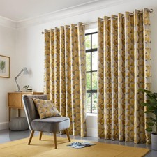 Sold in Pairs Modern Skandi Ochre Lined Eyelet Ring Top Ready Made Curtains