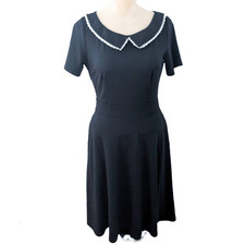 Black Cotton A-Line Dress with Pockets and Lace Trim