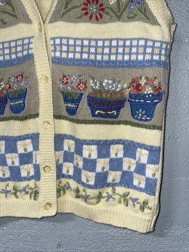Koret Sweater Vest Floral Embroidered Granny Cottage Core Vintage Medium Yellow - Afbeelding 6 van 11