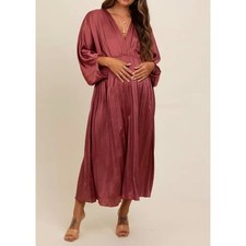 NWOT Pinkblush Maternity Mauve Satin Pleated V Neck Maxi Dress Size Small