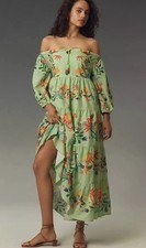 NWT $238 Farm Rio x Anthropologie Tiered Floral Midi Dress Green Maxi Green L P