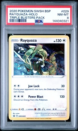 2020 POKEMON SWSH BLACK STAR PROMO TRIPLE BLISTERS PACK #029 RAYQUAZA-HOLO PSA 8