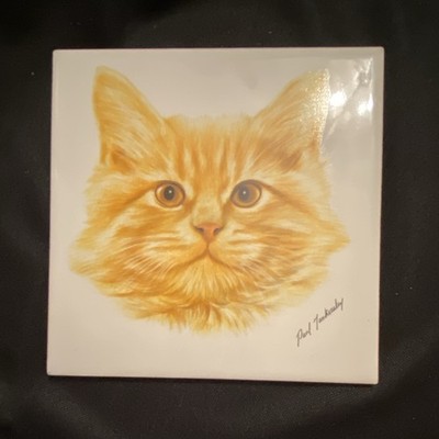 Hyalyn 505 Paul Tankersley  signed Cat Ceramic  Trivet Cork Backed  Orange Tabby