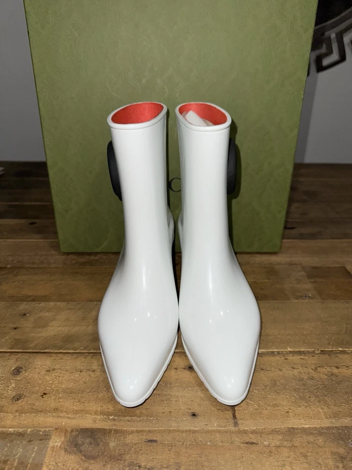 Gucci Mujer Goma Tobillo Lluvia Bota con Enclavamiento G Blanco Negro 39 Foto 2 de 4