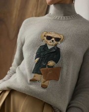 cute Bear Jacquard knit sweater high neck pullover women 2025 high quality SML