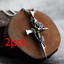 2Pcs Rose Cross Pendant Necklace Box Chain Silver Unisex Religious Jewelry