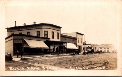 RPPC Real Photo Postcard Limon Colorado Ellis Drug Store and 1st National Bank