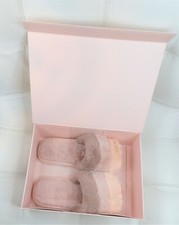 Women Faux Fur Fluffy open toe slippers sandals Slides Pink Brown US 6 or 7