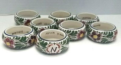 ''Afina'' Hand Painted Ceramic Napkin Rings Set of 8 from Holland-N monogram