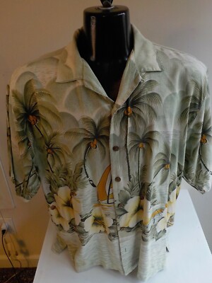 TOMMY BAHAMA 100% Silk Tropical Print SS Shirt-Greens- SZ LARGE Loop