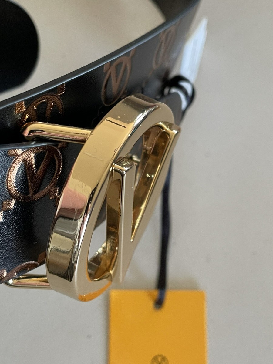 Mario Valentino Guisy Monogram Black Leather Belt with Goldtone V Buckle Size L VALENTINO BY MARIO VALENTINO GIUSY MONOGRAM LEATHER BELT IN  main image 3