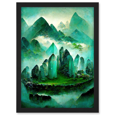 Mystisches New Age Kristall Jade Grün Land Gerahmtes Wandbild Bild Druck A3