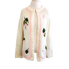 Vintage 60s White Cardigan Sweater Pink Berries Leaves Pinup Rockabilly Sz M