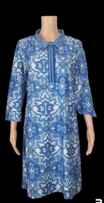 Gretchen Scott Laugh More Dress Large Blue White Boho Tiles 3/4 Sleeves Collar