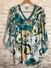 JM Collection Tunic Top Womens 1X Teal Tropical Flora Beaded Flared Sleeve Boho
