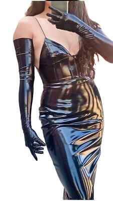 Shiny Black LATEX 70CM Long GLOVES 2nd Skin Thin Elastic Faux Leather Rubber