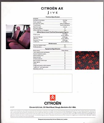 エストセット Citroen AX Jive 1.0 Limited Edition 1993 UK Market Single Sheet