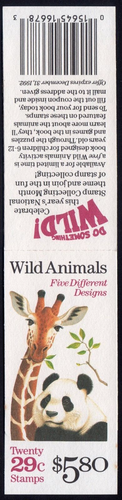 Scott #BK202 (2706-2709a) Wild Animals BOOKLET Pane of 5 Stamps - MNH - Picture 2 of 2