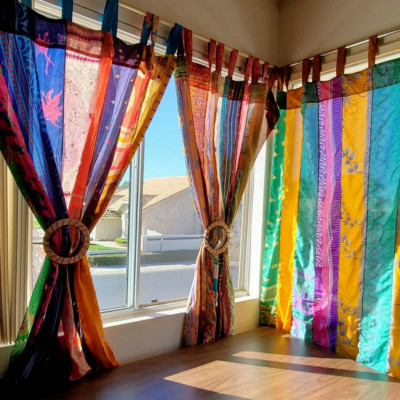 1 Pair Indian Curtain Vintage Saree Silk Curtain Boho Curtain Gypsy Curtain