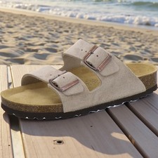 Cork Footbed Sandals Leather Two Strap Flat Sliders Nude Suede Size 7.5 EU 41