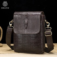 SCHLATUM Genuine Leather Casual Shoulder Bag Dark Brown Crocodile Pattern Bag