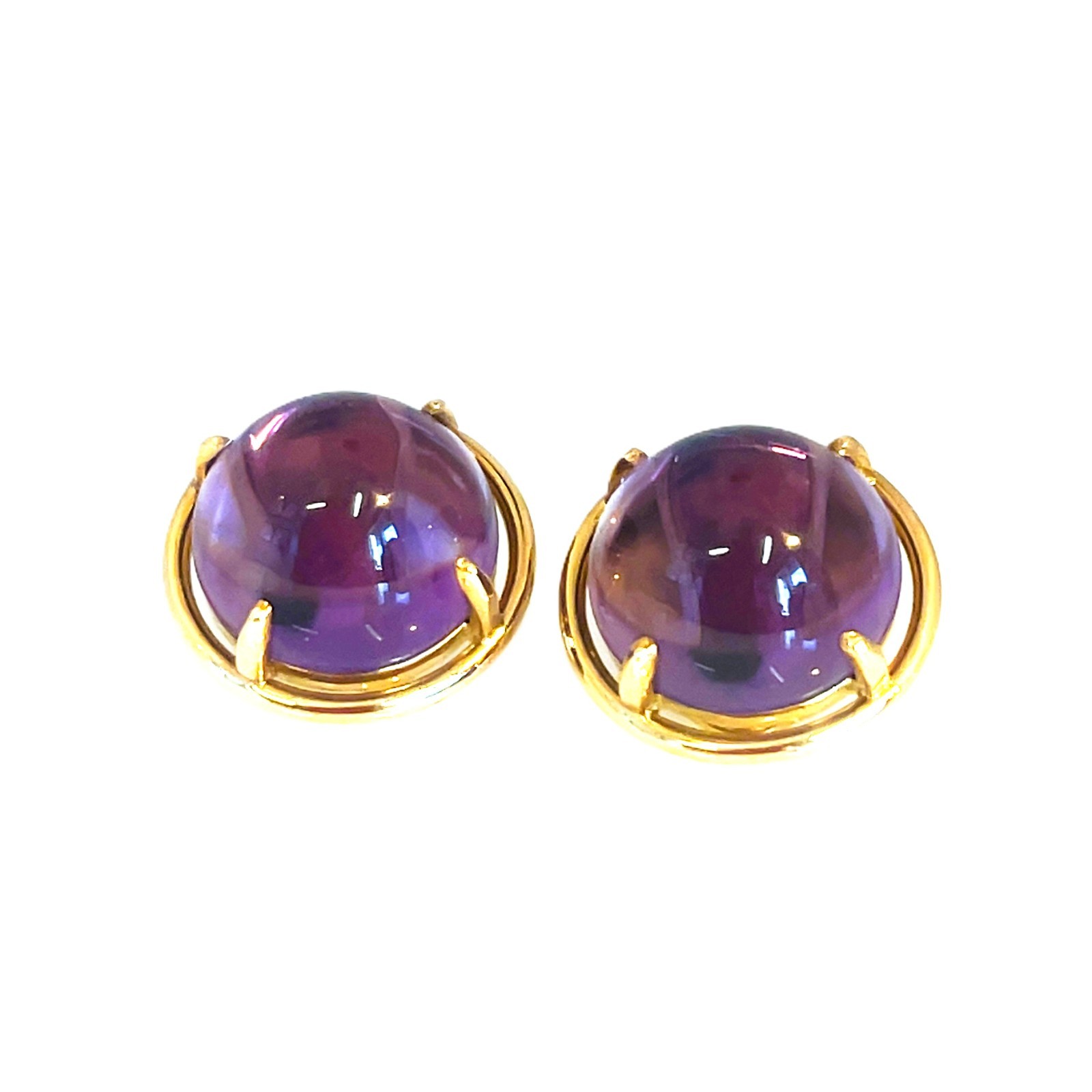 18k Yellow Gold Amethyst Cabochon Omega back  Earrings