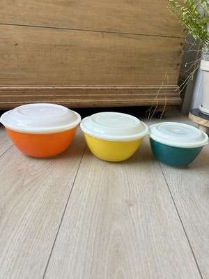 Vintage JAJ Pyrex Regenbogen Nest Schüsseln & Deckel x3 türkisgelb orange Milchglas (1404