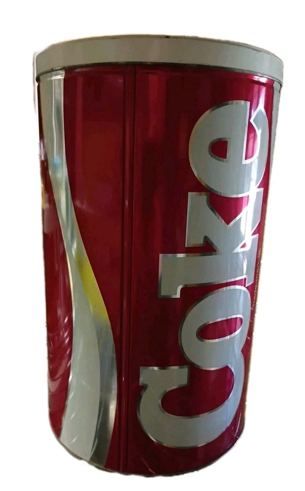 Lata de armazenamento vintage colecionável Coca-Cola listra branca e prata 13,5" - Imagem 2 de 4