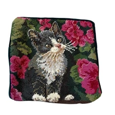VTG Handmade Cat Tapestry Needlepoint Pillow Case Cover Kitten Wool Green Velvet